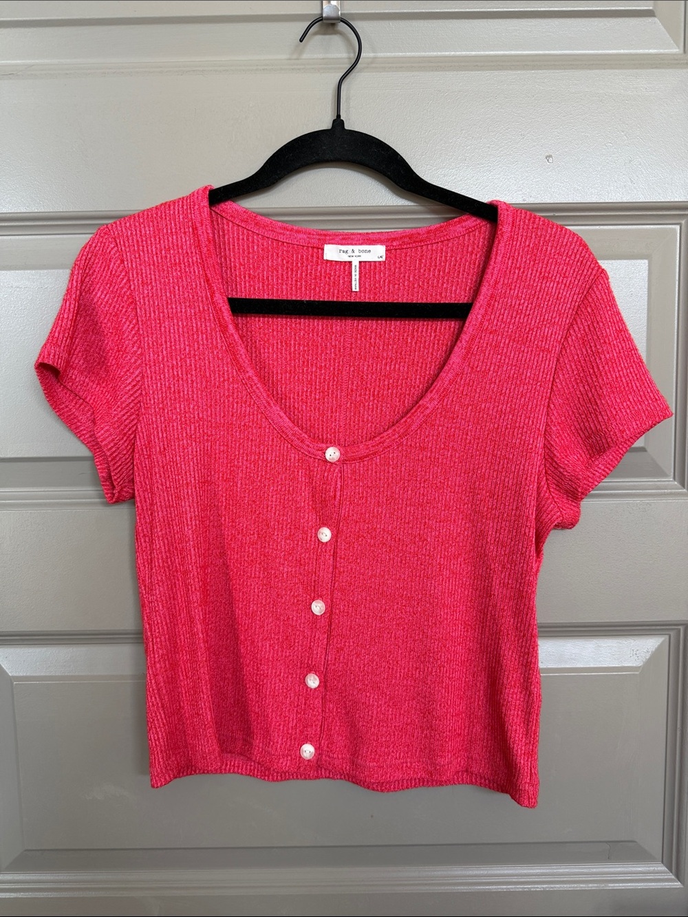 rag & bone Bright Pink Ribbed Button-Front Crop Top